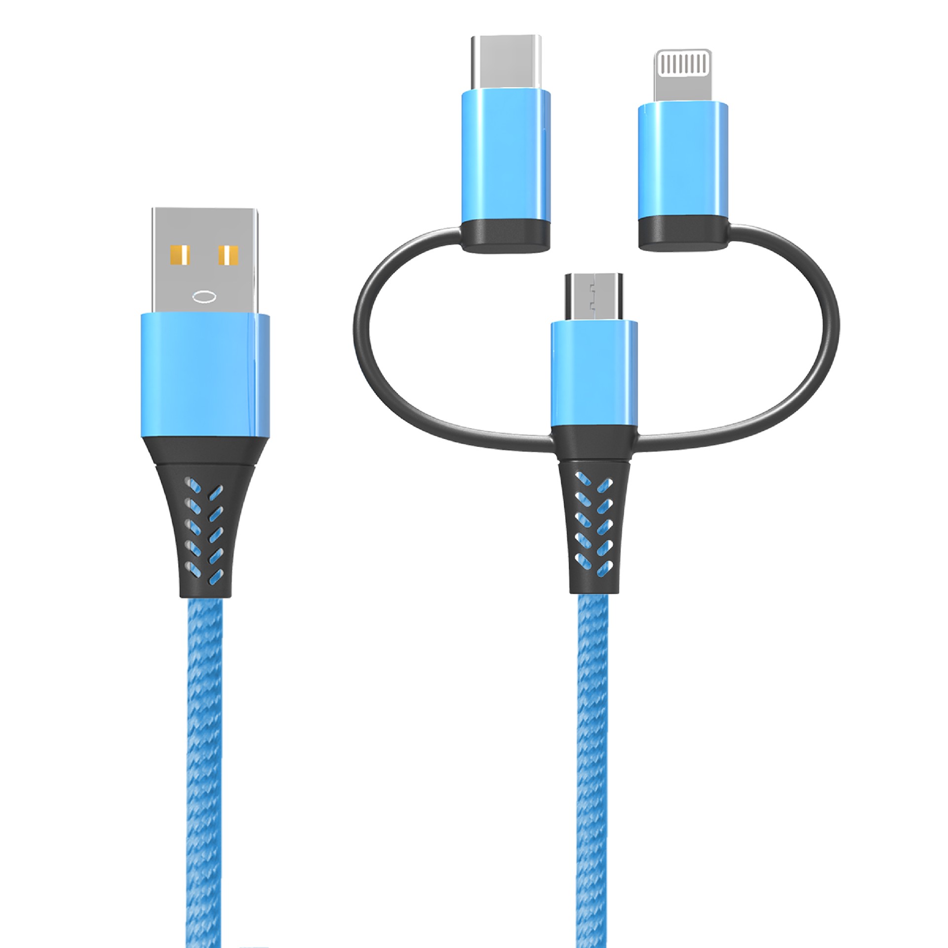 编织网USB A-3in1华为/苹果/安卓三用快充数据同步充电线 ·PVC/TPE